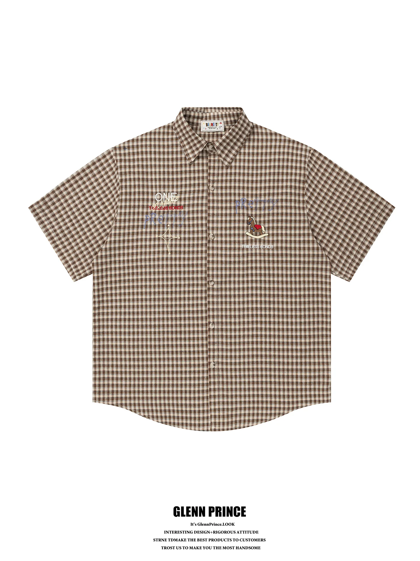 

GPstudio American Retro Fun Embroidered Plaid Short Sleeve Men's Shirt Lazy College Style Couple Shirt Breathable Polyester C...
