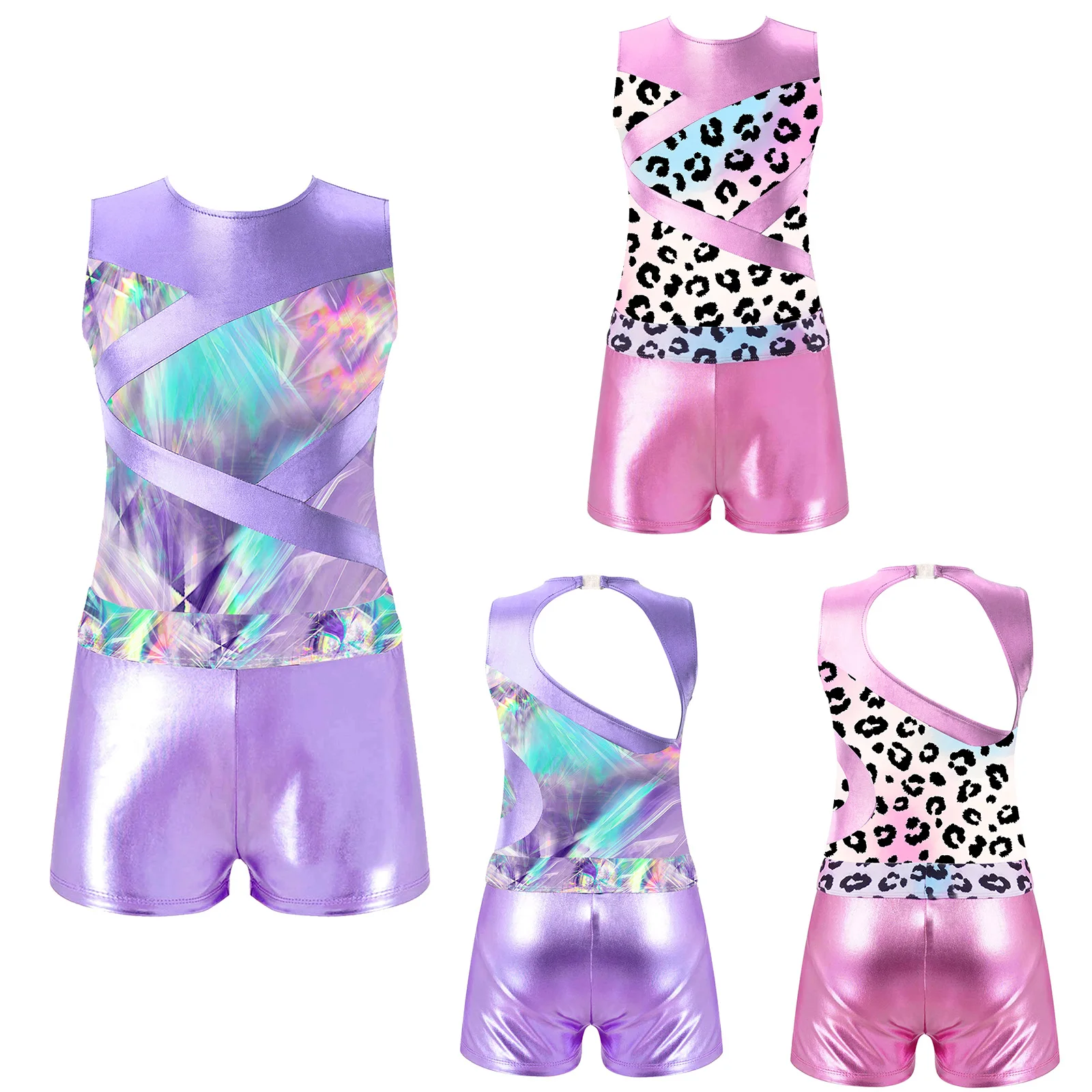 Ballet Leotard Dancewear for Kids Girls Sleeveless Hollow Out Printed Patchwork Bodysuit + Shorts Set for Dance Gymnastic Sports