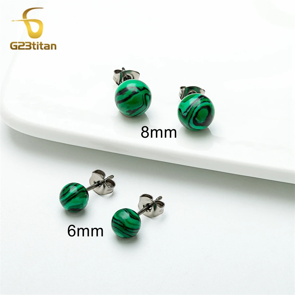 Charming Malachite Stone Earrings 6mm 8mm Green Ball Ear Studs Hypoallergenic Titanium Earings for Women Men Minimalist Jewelry