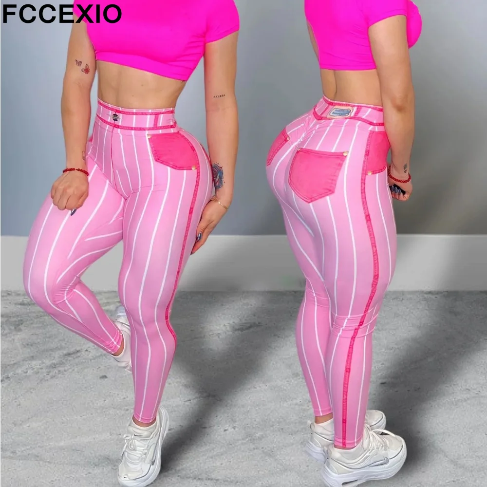 FCCEXIO Fashion Denim Stripe Print Women Sports Leggings High Waist Running Sexy Tight Fitness Workout Yoga Gym Push Up Cowboy P