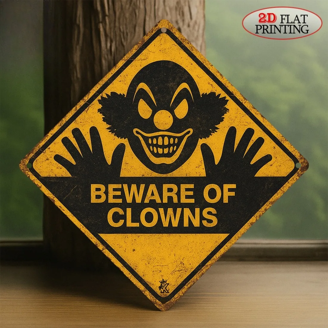 Metal Sign, Retro Clown Warning Plaque, Yellow & Black Hazard Clown Pattern, Indoor & Outdoor Decor for Halloween, Garage.