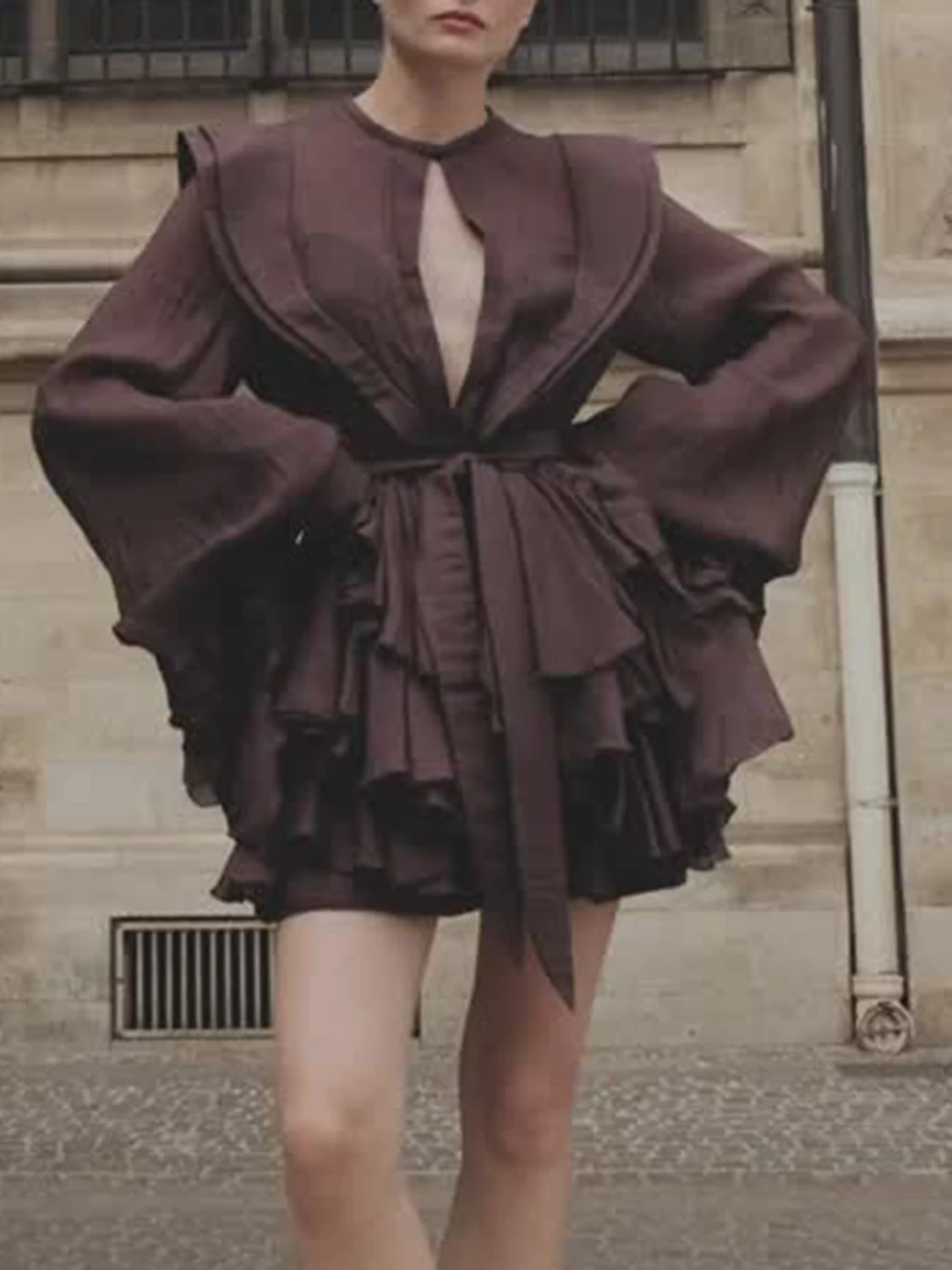 VGH เซ็กซี่ Patchwork Hollow OUT ชุดพัฟสําหรับผู้หญิงรอบคอโคมไฟแขนยาวเอว Spliced Lace Up ชุดเดรสหญิงใหม่