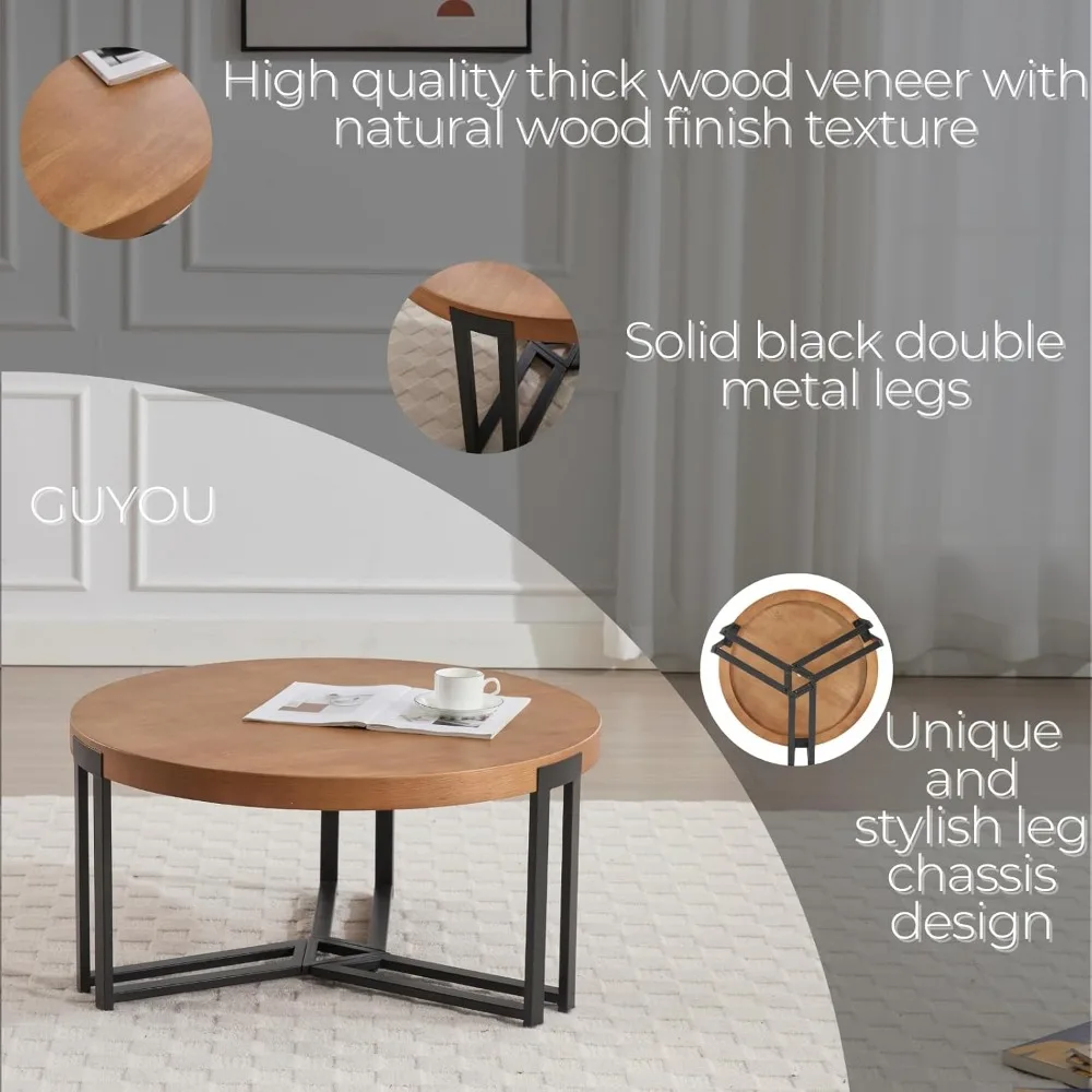Round Coffee Tables with Wooden Top, Small Natural Wood Coffee Tables with with Metal Leg, Modern Center Table Side Table