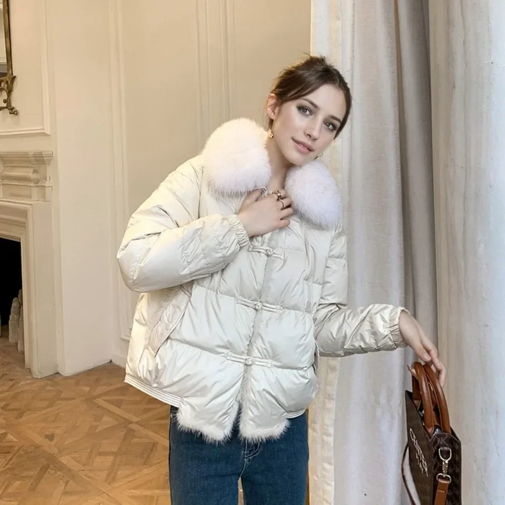 Short Warm Puffer Coat Female Vintage Real Fox Fur Jacket Loose White Duck Down Jacket Ladies Winter Women Parka Outerwear