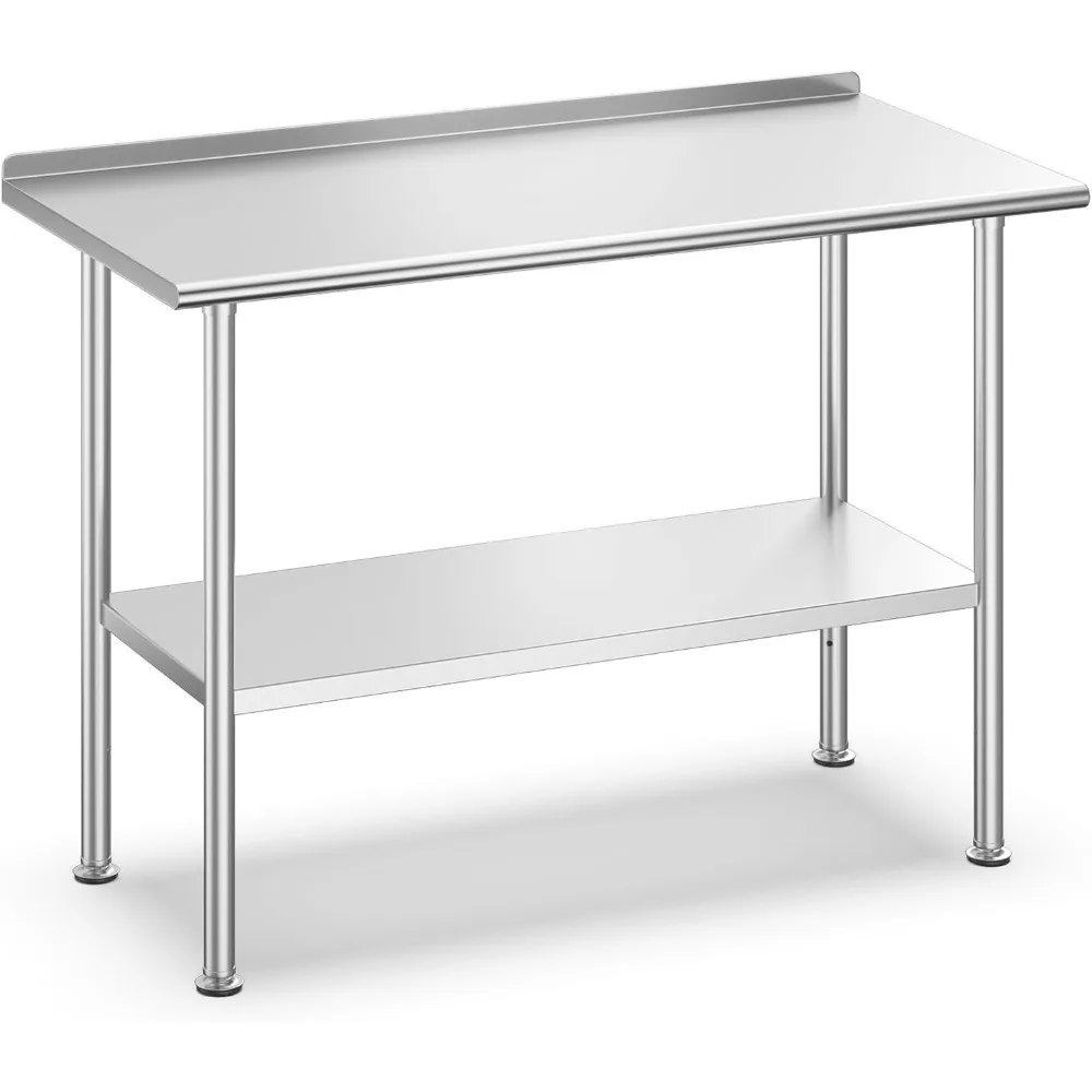 All-Stainless Steel Prep Table, 24 X 48 Inches, with Rounded-Corner Backsplash and Adjustable Undershelf, Heavy-Duty