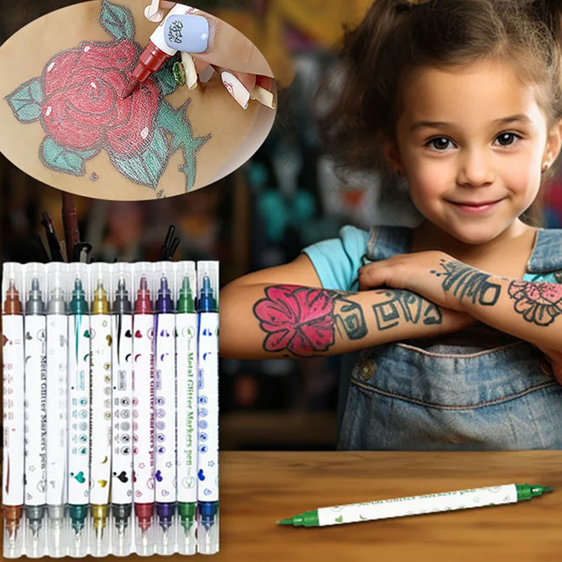 

Dual-Ended Body Art Pens 10 Colors - Metallic Temporary Tattoo & Nail Design, Waterproof Brush + Fine Tip for Skin/Fabric (Pearl