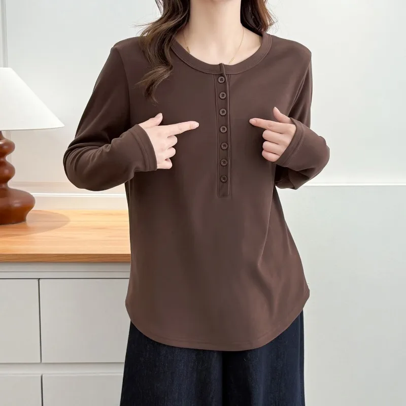 Women Henley Neck Long Sleeve Top Solid Color Slim Hide Belly Thermal Fleece Base Shirt