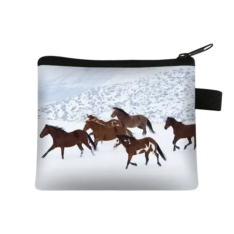 Monedero con estampado 3D de caballo galopante para mujer, bolsa de monedas plateada portátil, Mini tarjeta de crédito, bolsa de tarjeta de