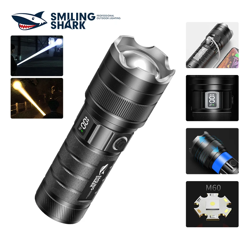 Smiling Shark SD8101 Flashlight Zoomable Torch Light Rechargeable Flash Light for Camping Hiking Outdoors with Power Display