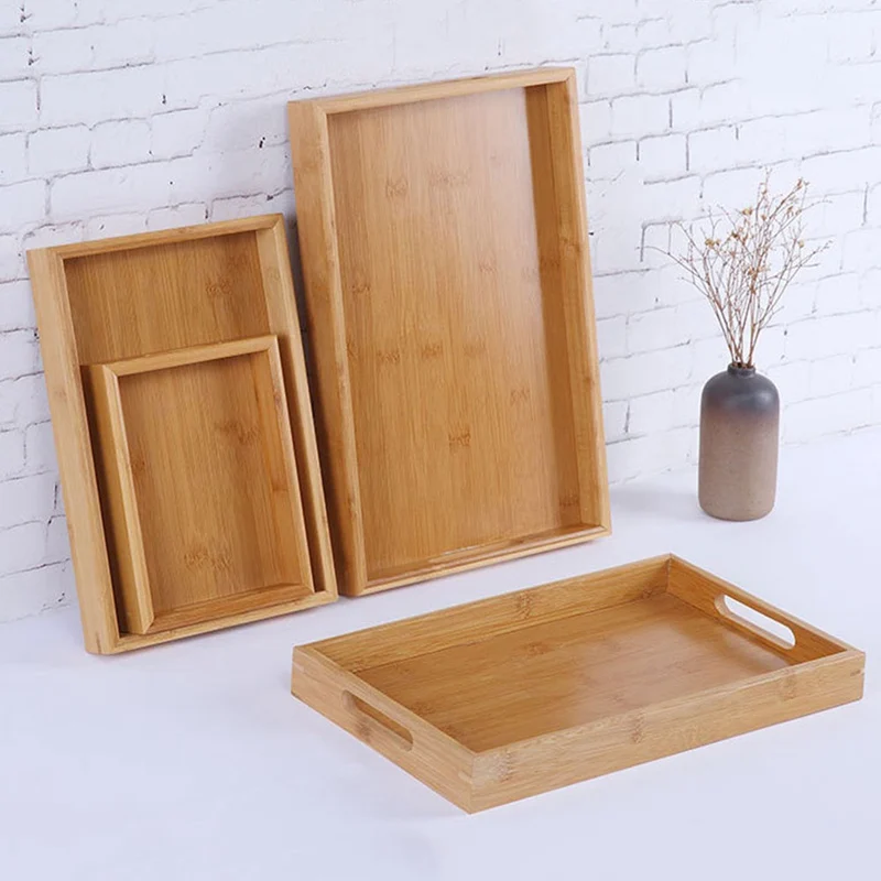 Bamboo Serving Tray With Handles Food Wood Table Trays Large Rectangular Tea Plate Wooden Hotel Dinner Plate