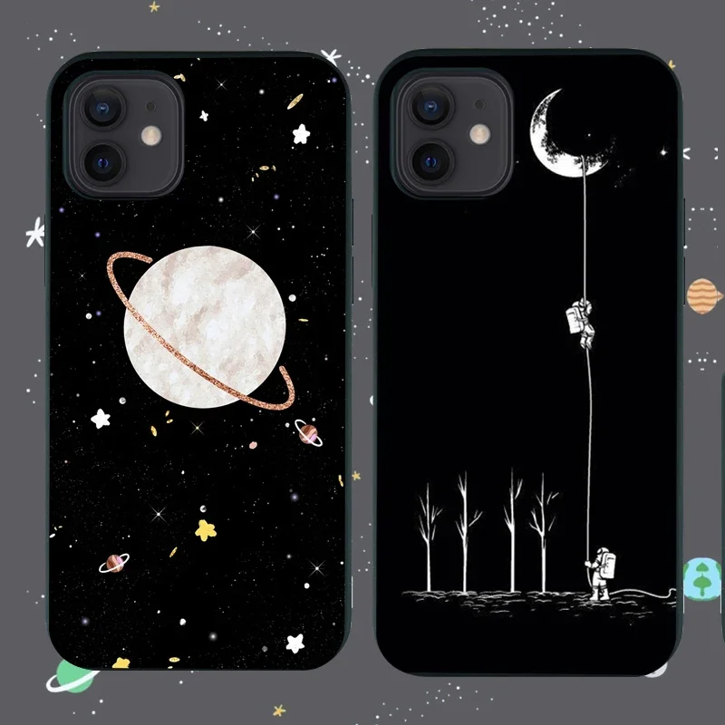 

Moon Astronaut Case for IPhone 13 Pro Cases for IPhone 15 14 13 11 12 Pro XR XS Max Mini 7 X 8 Plus Cartoon Black Silicone Coque