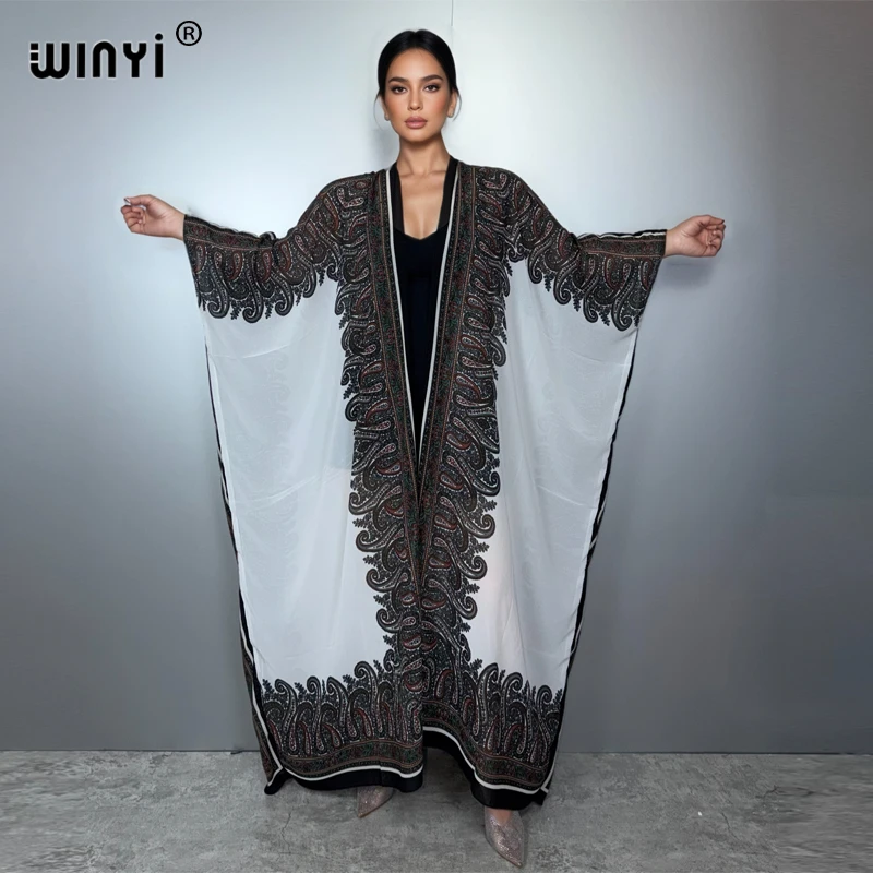 Kimono abaya Dubai mewah bergaya retro Timur Tengah WINYI untuk wanita, kardigan, pakaian pantai, kaftan, penutup pantai, mantel maxi