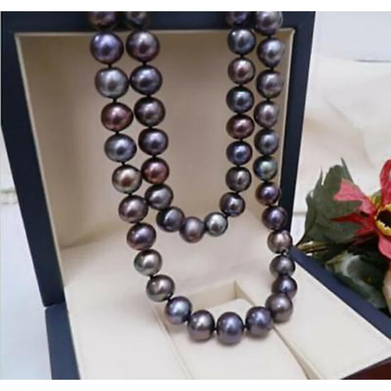 Beautiful 8-9mm Natural tahitian black pearl necklace 18inch yellow ball clasp  AAA
