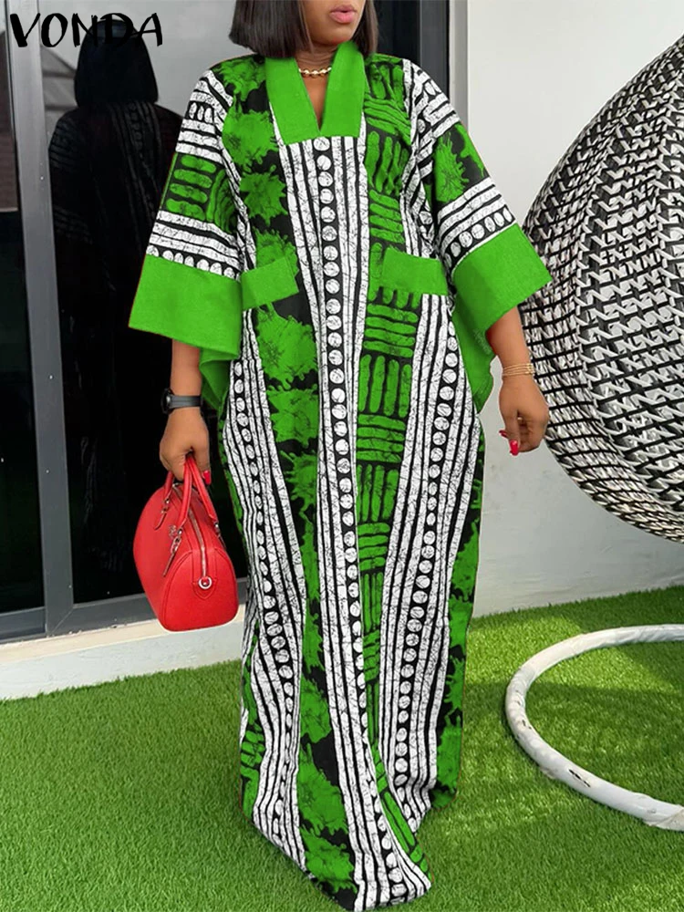 

Женское платье больших размеров с принтом, летняя вечеринка, макси Vestido 2025 VONDA, винтажное повседневное богемное платье с v-образным вырезом и рукавами 3/4, большие размеры, 5XL