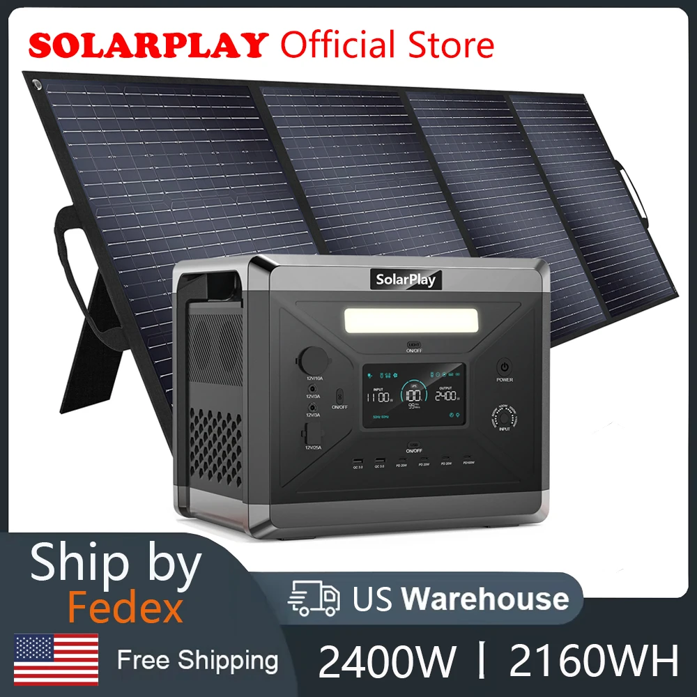 SOLARPLAY  2400W Power Station 2160Wh Portable Lifepo4 Battery 675000mAh UPS Energy Storage Supply With 200W Solar panel ForHome