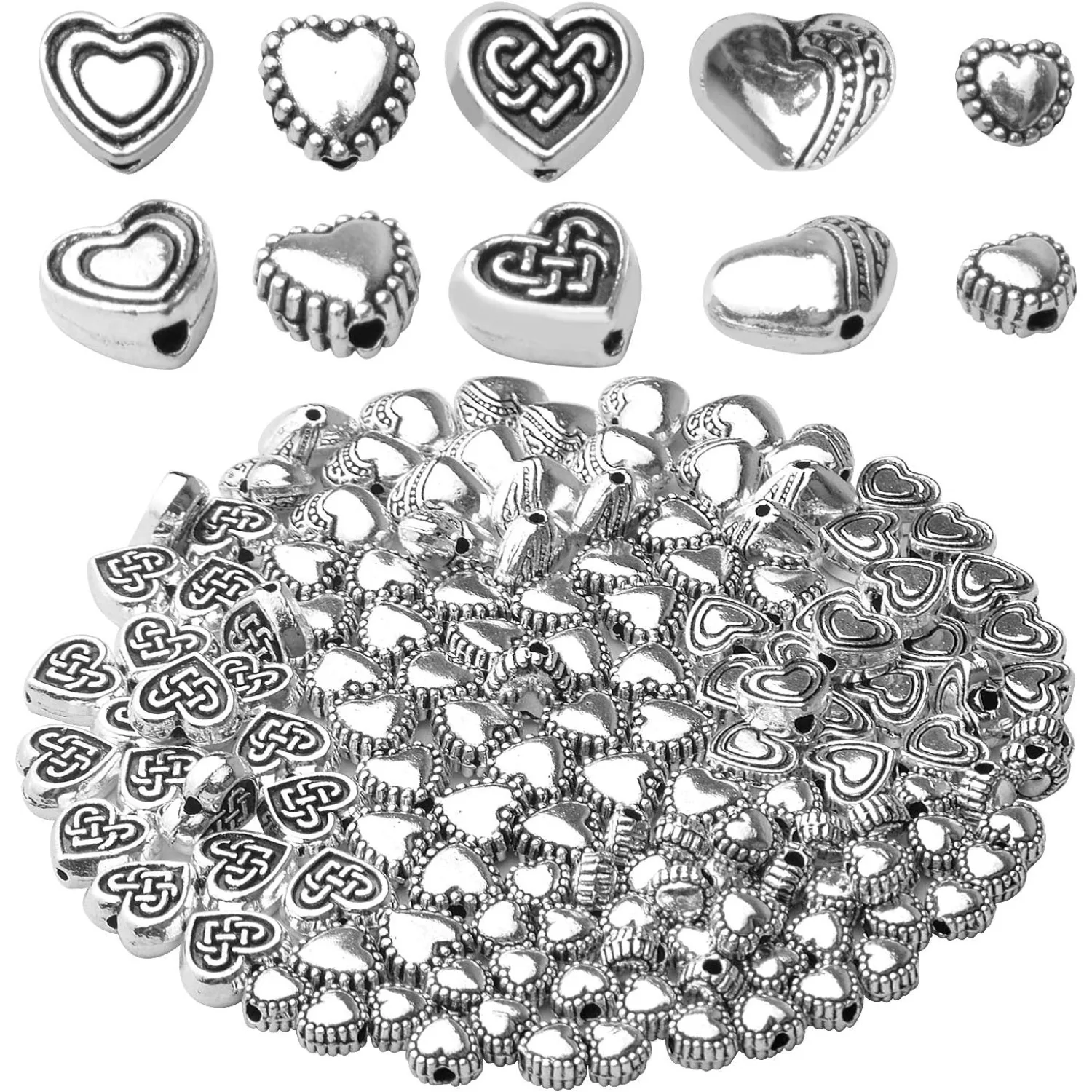 

140pcs Antique Silver Heart Shape Spacers Alloy European Style Heart Beads Charms Spacer Bead for DIY Bracelet Jewelry Making