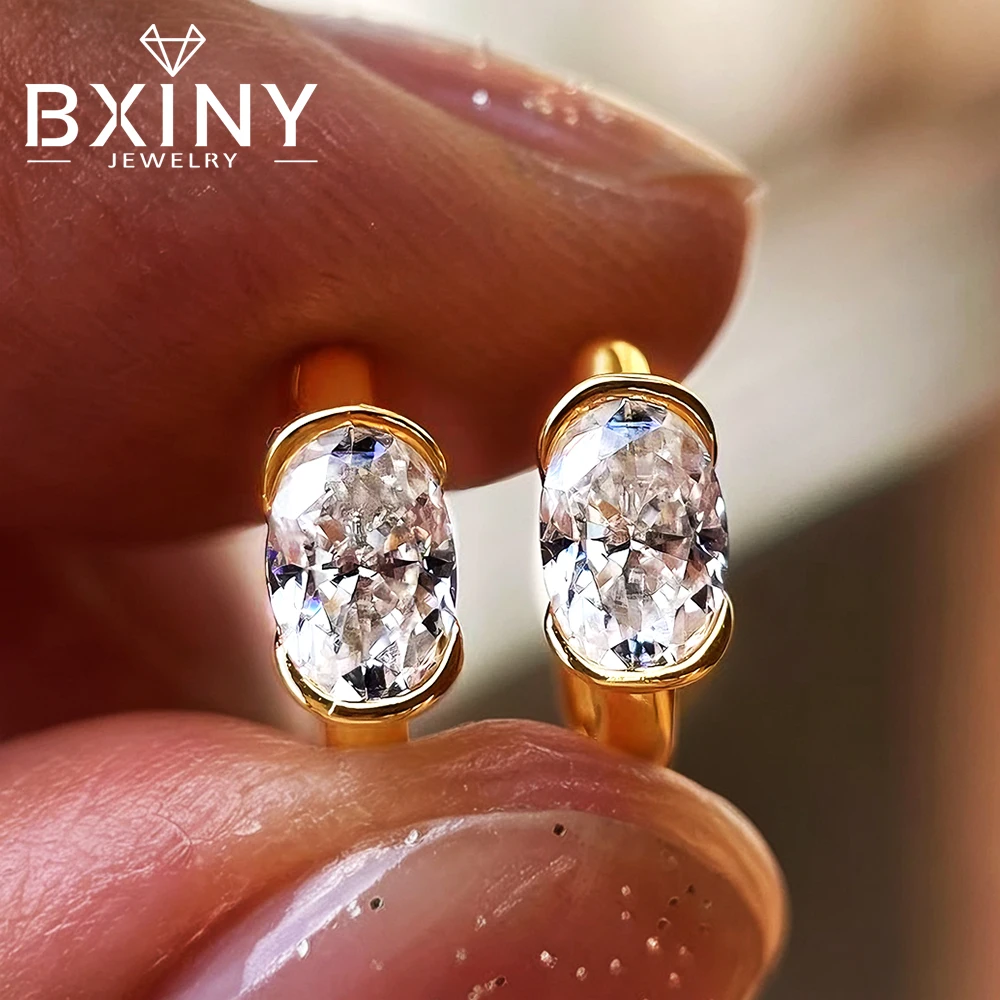 BXINY Bezel Set Oval Cut Moissanite Hoop Earrings Pure S925 Silver GRA Certified Diamond Huggie Earrings for Women Gifts Jewelry