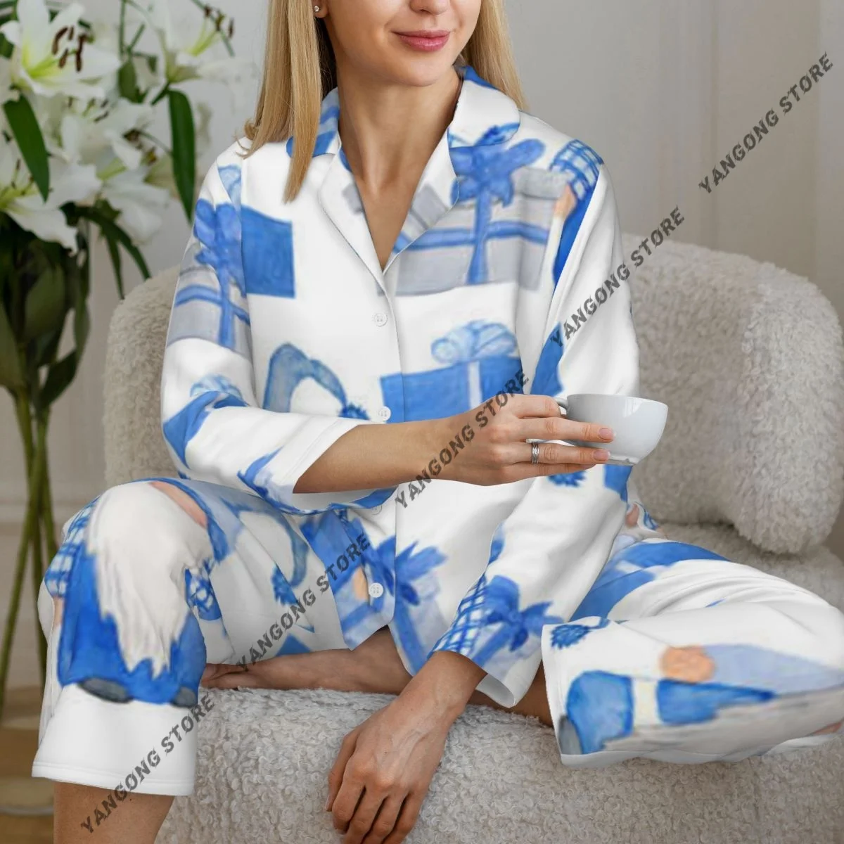 

Women Sleepwear Loungewear Hand Drawn Nordic Scandinavian Gnomes Long Sleeve Lapel Neck Shirt Elastic Waist Pants Pajamas Set