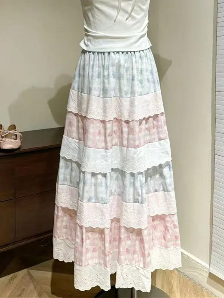 Cottagecore Floral Patchwork Midi Skirt Women Print Lace Cake Skirt High Waist A Line Swing Skirt Vintage Summer Casual Outfit