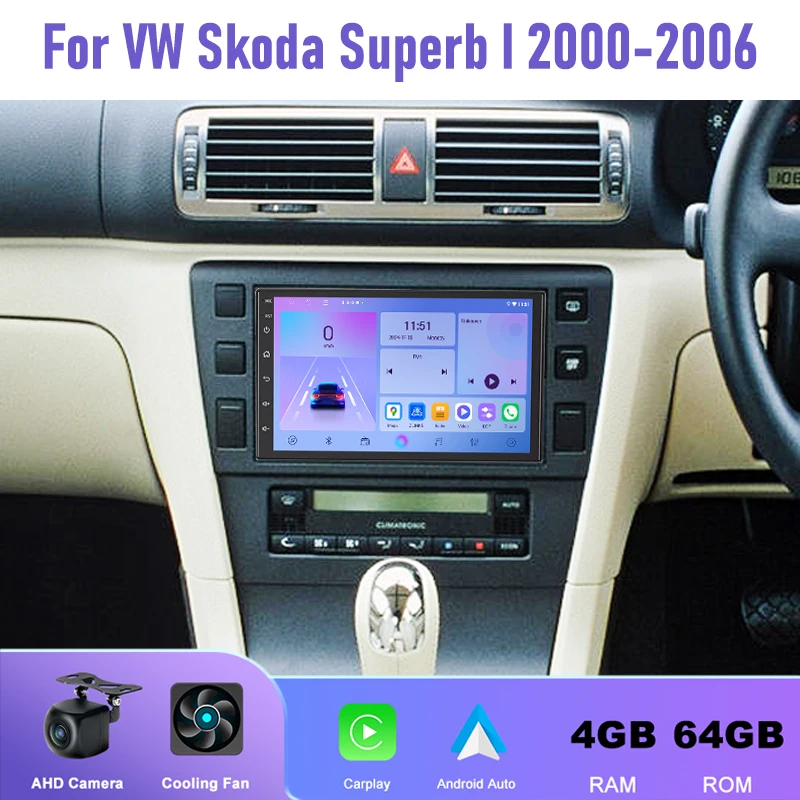 

7'' 4+64GB For VW Skoda Superb I 2000-2006 Car Radio Head Unit Wireless Carplay 2DIN FM GPS BT Stereo Google Map Rear Camera