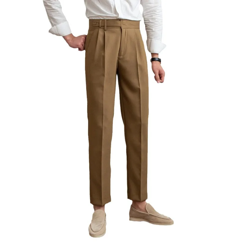 New Casual Solid Color Suit Trousers Men Spring Trendy Belt High Waist Pants Male Business Office Fashion Pleated Straight Pants