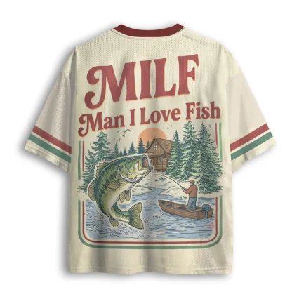 Man I Love Fish Fishing Bass Print Men V Neck Mesh Jersey Vintage Outdoor Short Sleeve Tee