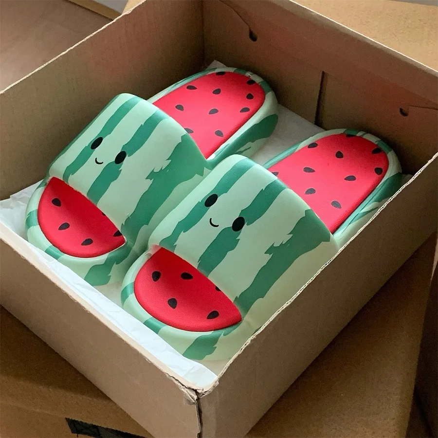 New Watermelon Slides Shoes Women's Soft EVA Slippers Non-Slip Thick Sole Home Beach Shoes Summer Novelty Fruit Striped Slipper