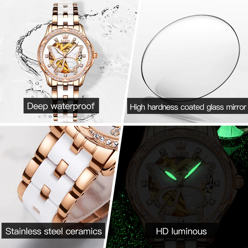OLEVS 6622 Women\'s Watch Butterfly Dial Luxury Waterproof Mechanical Watch For Women Hollow Ceramic Strap Automatic Wristwatch