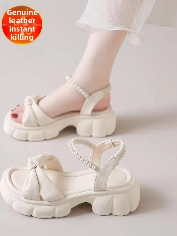 Casual Pearl Embellied Thi Heel Roman Sle Damessandalen Comfortabele leren bovenkleding Zomerslip-On oes