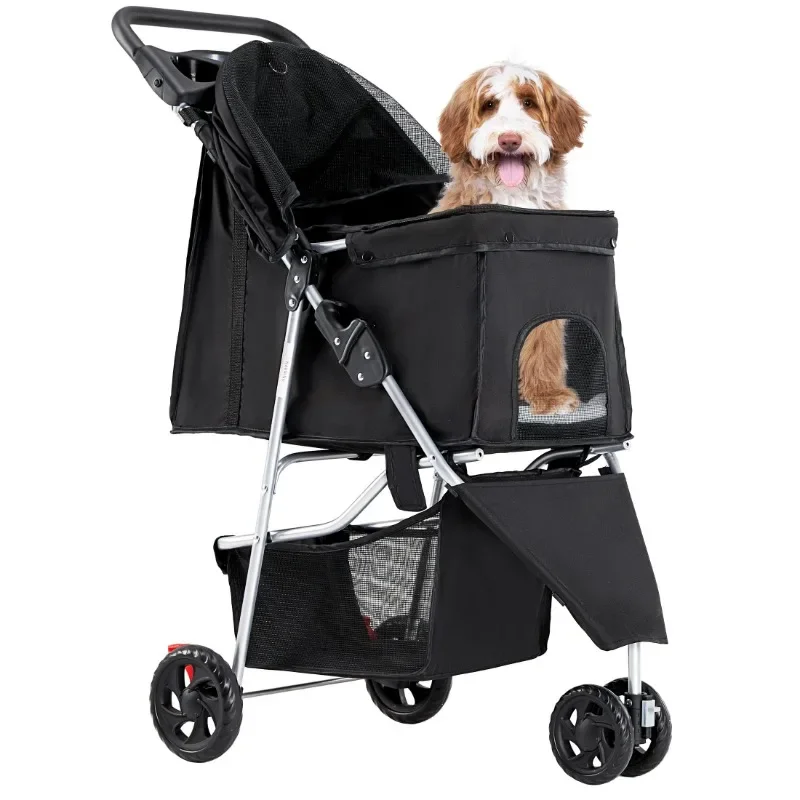 

Dog Stroller, Pet Travel Folding Carrier with Storage Basket for Cat/Dog, 3 Wheels, Black