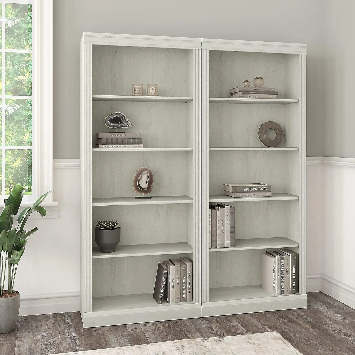 The 30W x 13D x 72H high 5-shelf bookcase presents a practical storage solution with timeless traditional style