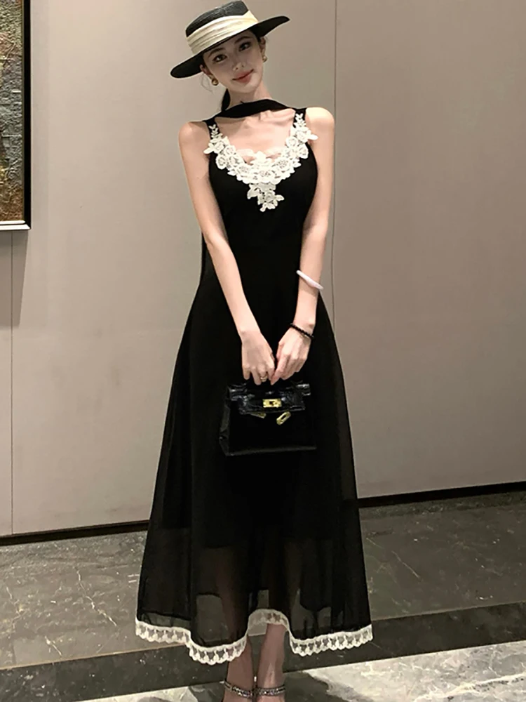 2026 Black Patchwork White Lace V-Neck Sling Dress Summer Korean Vintage Hepburn Prom Clothes Women Elegant Luxury Evening Dress