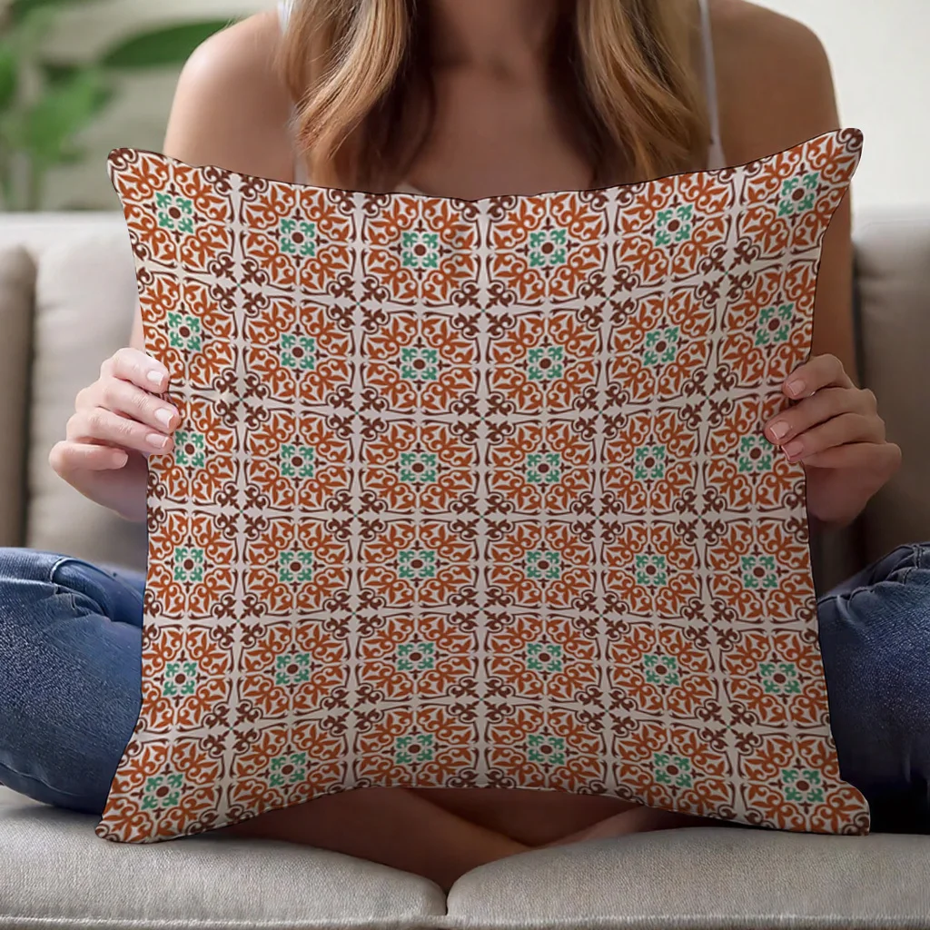 Moroccan Tile Pattern Pillow Cover 16x16 18x18 20x20 Inch Polyester Zipper Machine Washable Boho Decor Sofa Bed