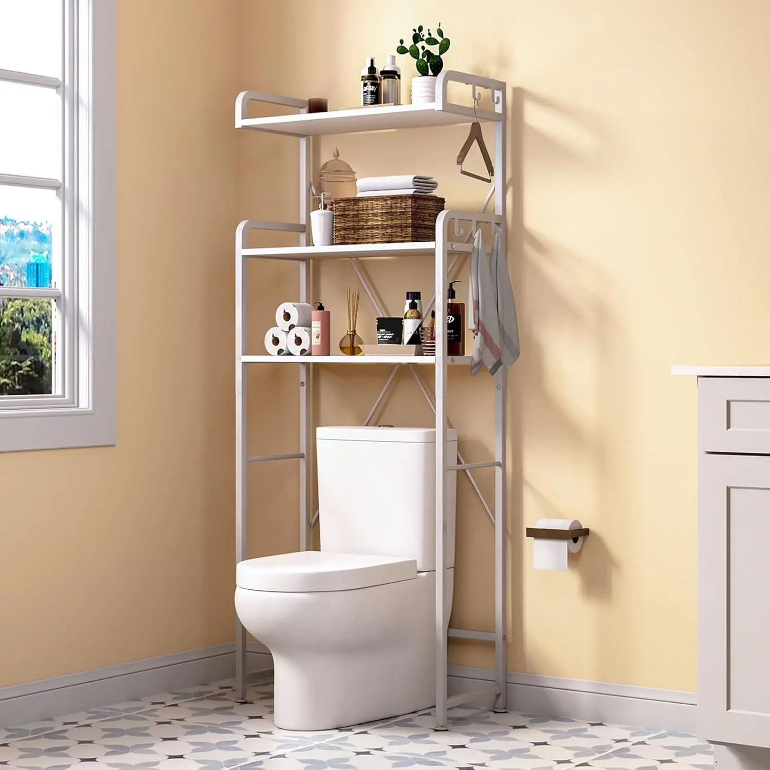 

Over The Toilet Storage Rack with 3-Tier Bathroom Shelves, Space Saver Toilet Shelf, Bathroom Storage Organizer with Hooks fo