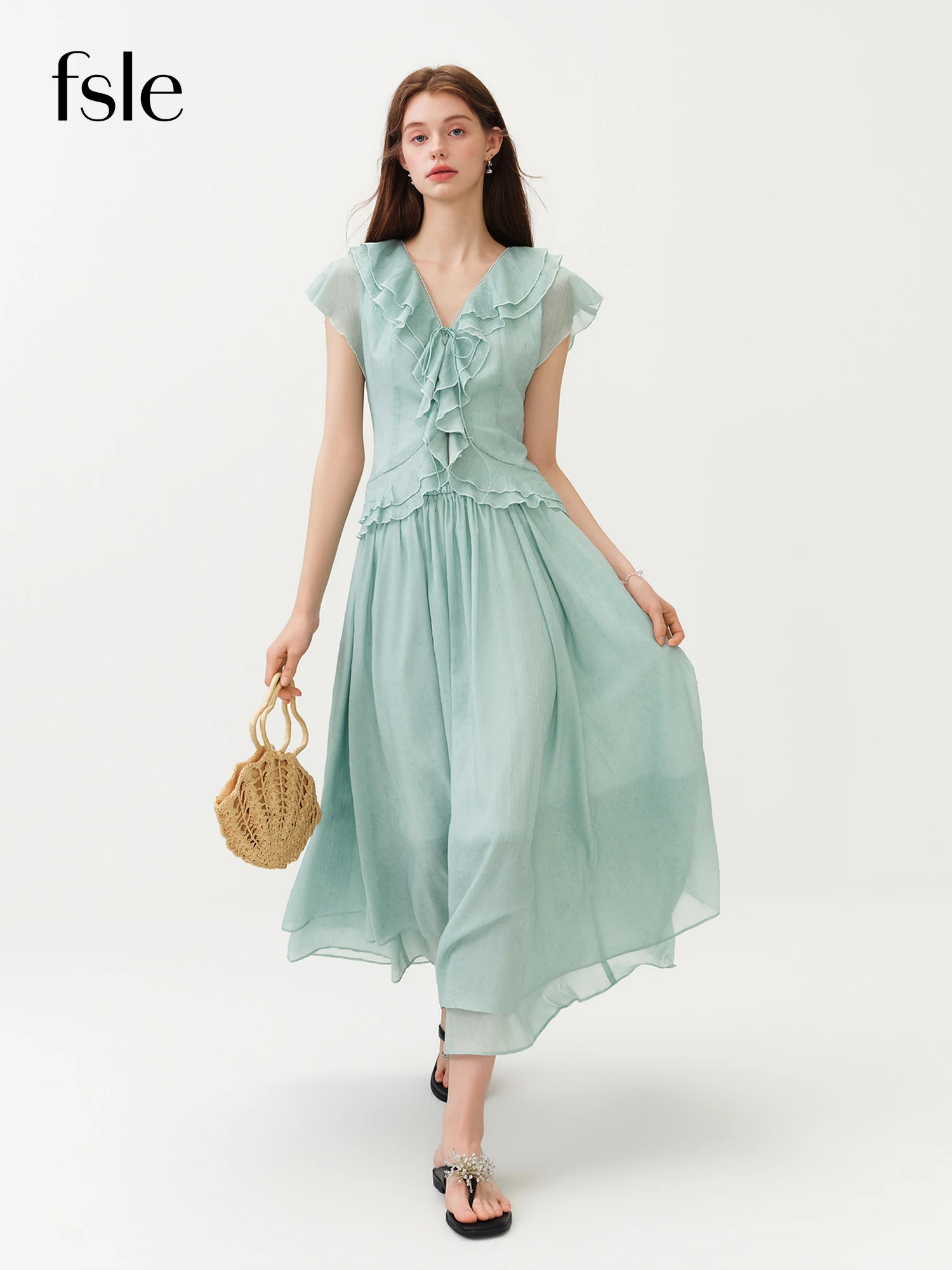 

FSLE Mint Green Ruffled V-neck Chiffon Blouse and Skirt Women 2026 Summer New Style Slimming Waist Solid Sets
