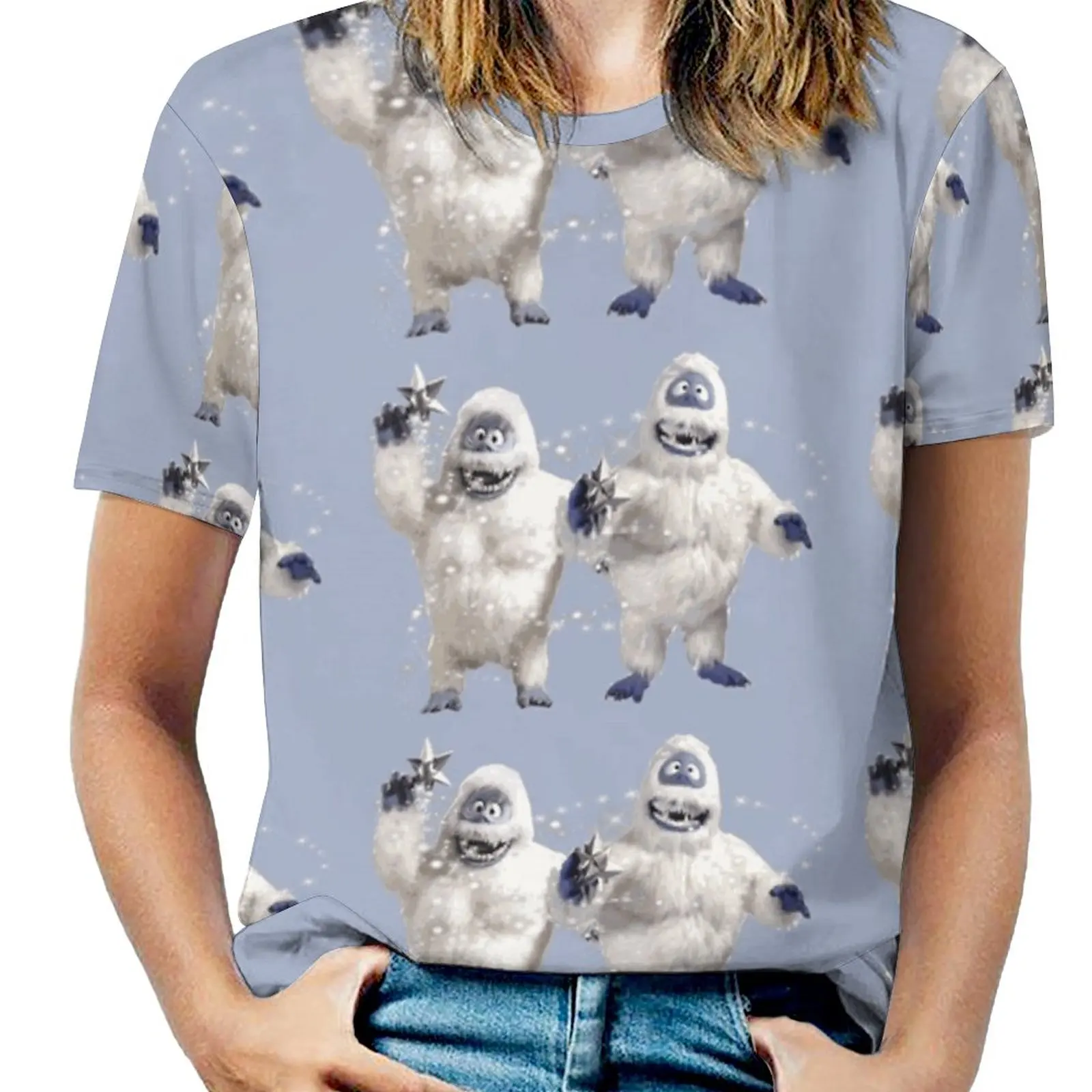 Abominable Snowman Couple At Christmas Women T-Shirt Crewneck Casual Short Sleeve Tops Summer Tees Abominable Snowman Christmas