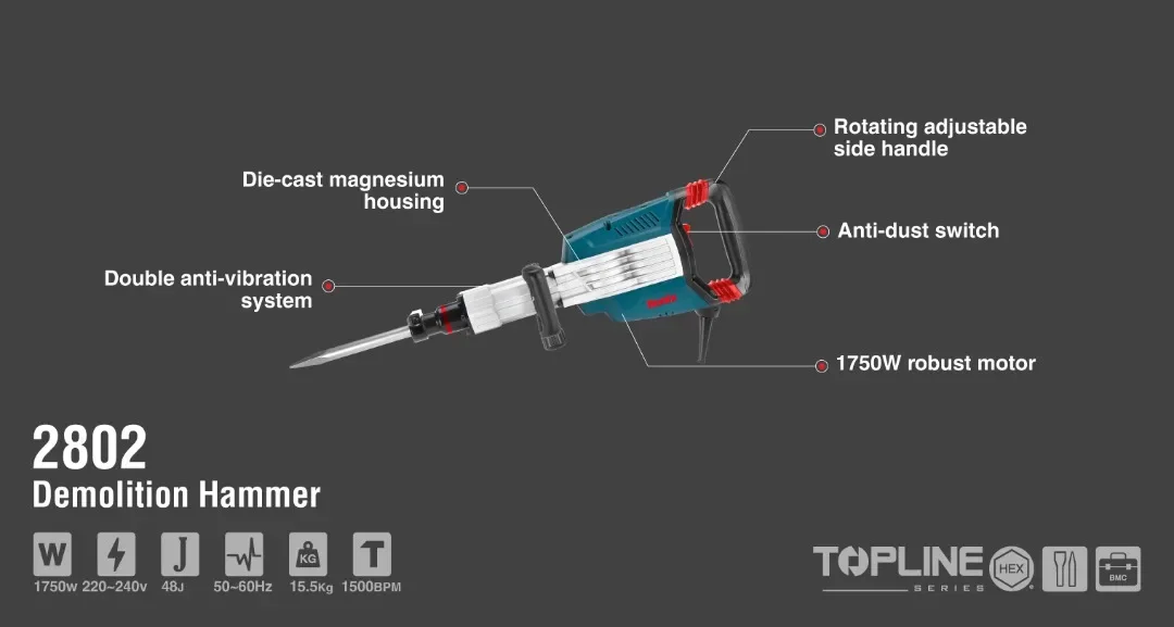 1750W Ronix in stock 2802 High power Heavy Duty Electric Demolition Hammer Drill Machine with Spare Parts