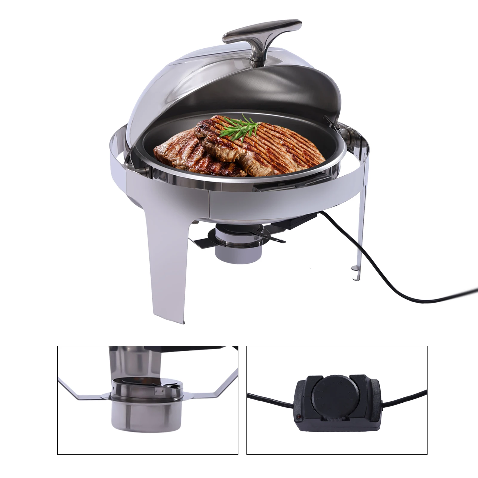 Roll top chafing dish 6L Chafing Dish Round Roll Top Bundle Electric & Alcohol Heating Stainless Steel Chafer