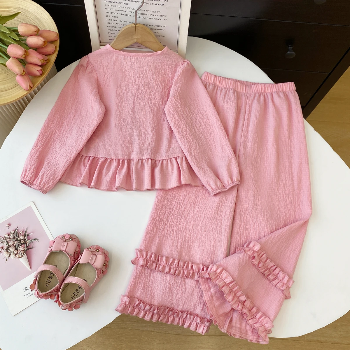 Humor Bear Koreanisches Mädchen-Outfit, Herbst, neues Oberteil mit Rüschen und langen Ärmeln, Spitzenhose mit weitem Bein, zweiteiliges Mädchen-Kleidungsset, modische Sets – Detail 3