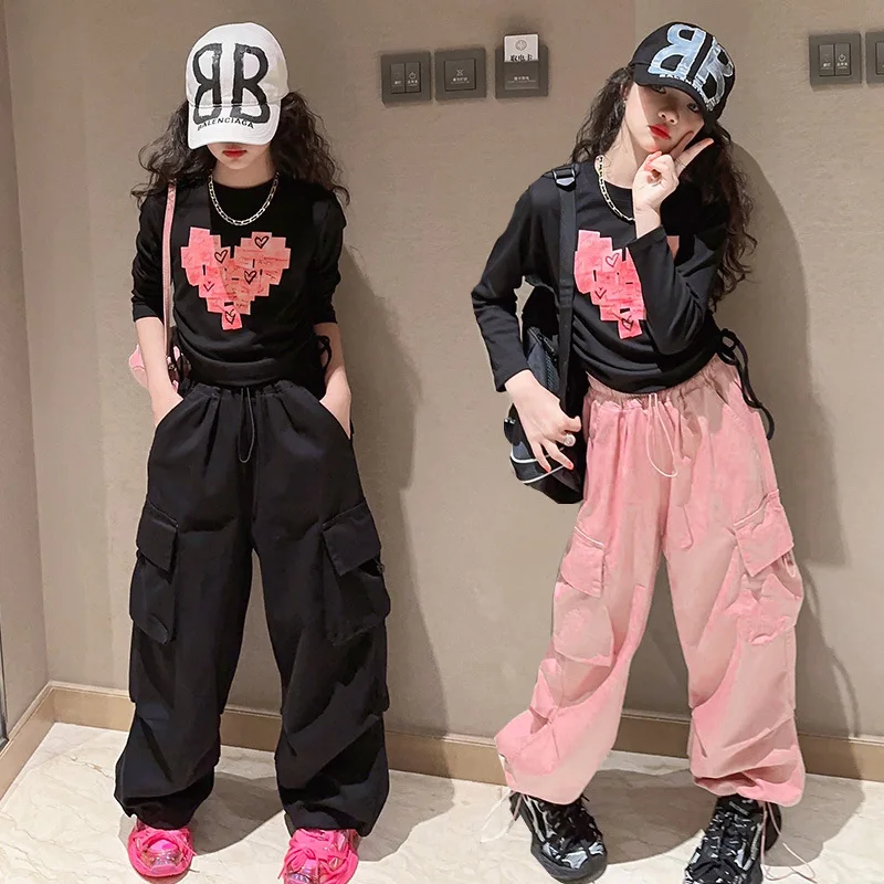 Teen Girls Clothes Set Cotton Love Tops T-shirt+Causal Cargo pants 2pcs Suit Children Outfits Tracksuits Kids 4 6 8 10 12 14Year