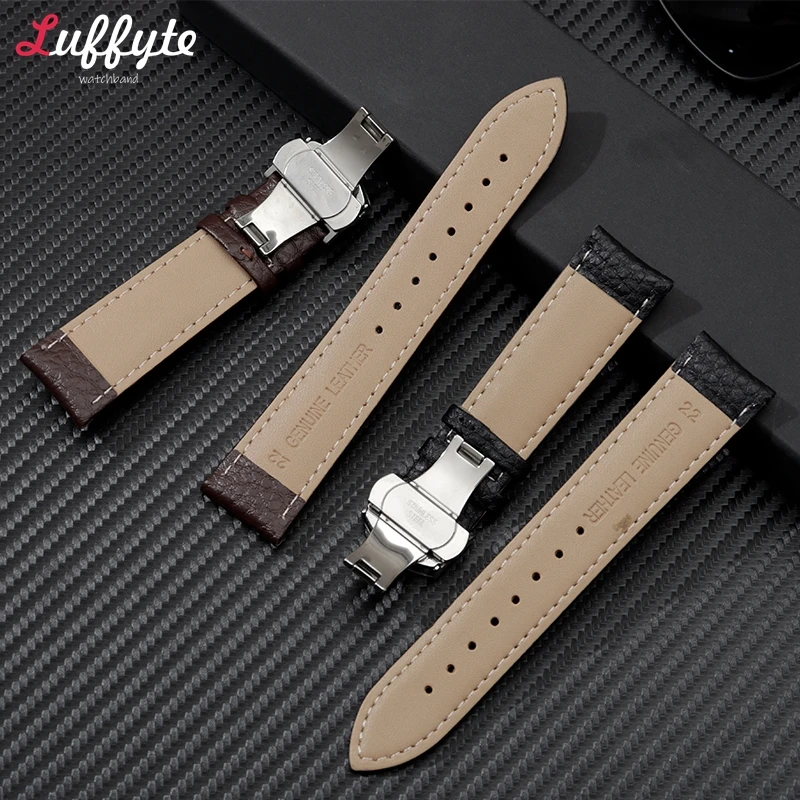 Litchi Grain Genuine Leather Watchband 18mm 20mm 22mm with Stainless Steel Butterfly Buckle Men Women Casual Watch Straps