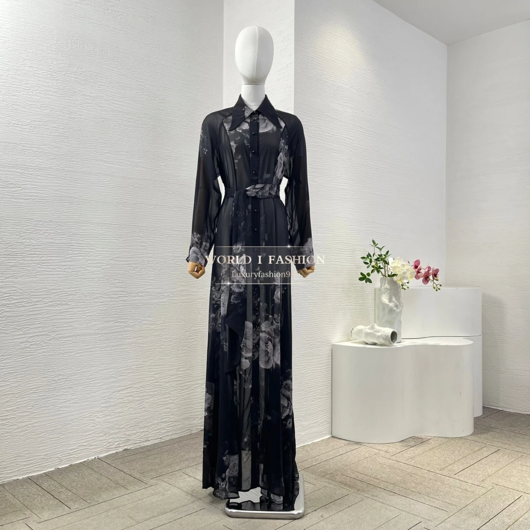 

Woman Clothes Black Ink Floral Print Long Sleeve Maxi Dress High Quality