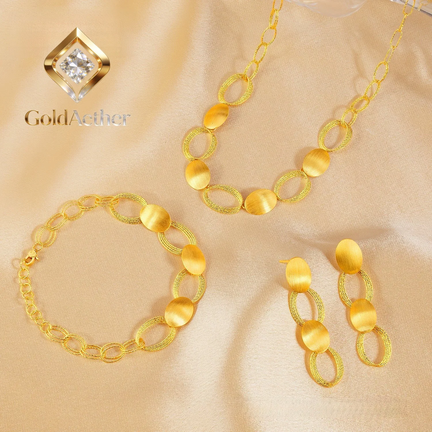 

GoldAether Luxury 24K 9999 Pure Gold real gold Fashion temperament Joker Brushed Necklace Circle Ring Link Bracelet