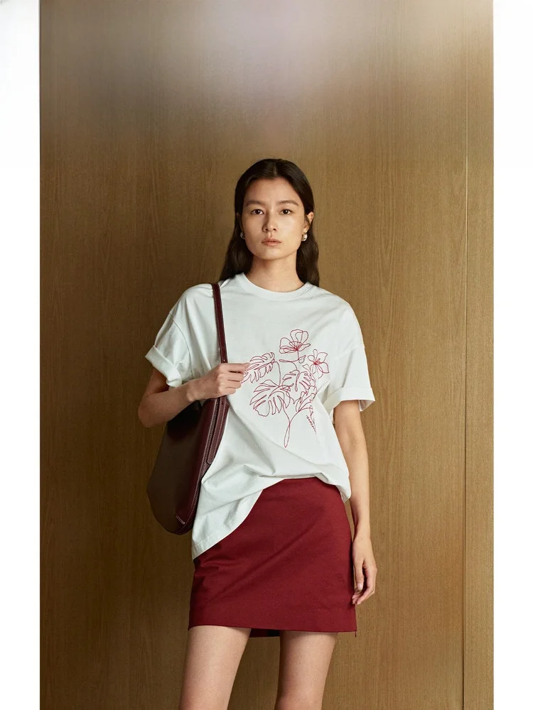 

ZhiZhi Ganzhou Ling Long Sve Cotton T-irt round Ne Print Loose Fit Spring New Sle White Comfortable Breathable