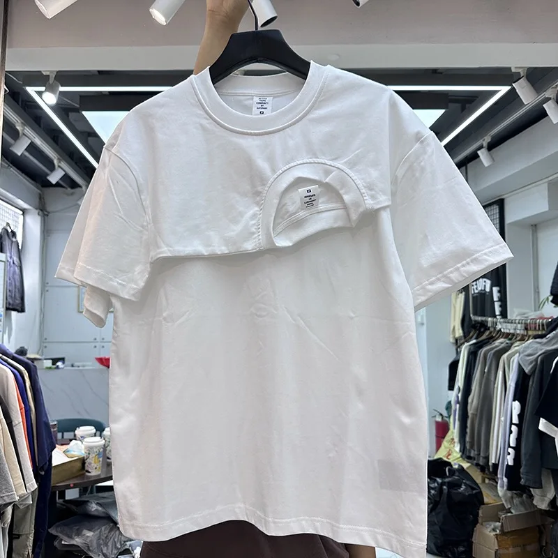 

Casual Summer Men T Shirts White Irregular Two Piece Splicing Cotton Fashion Short Sleeve Fake Two Shirts