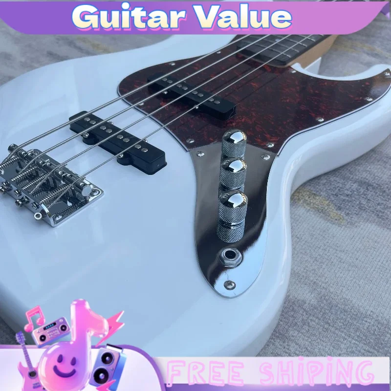 4 String Bass Electric Guitar Gloss White Offset Double Cut Tortoise Shell Pickguard Dual Single Coil Pickups Free Shipping view 4