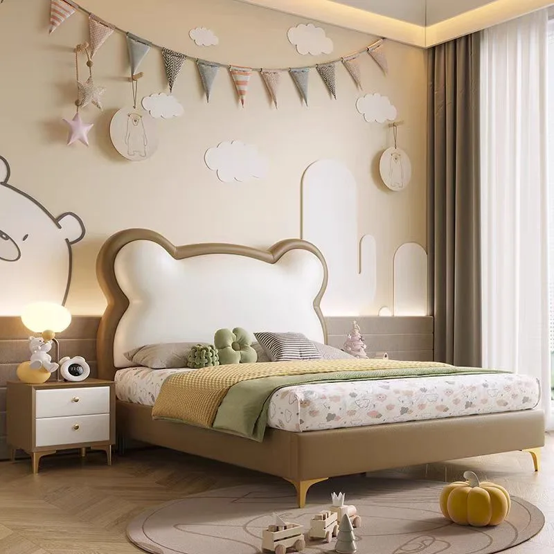 Modern Simple 1.2m/1.5m/1.8m Cream Cartoon Children's Wooden Frame Leather Soft Bed Panda Design Queen for Home Bedroom
