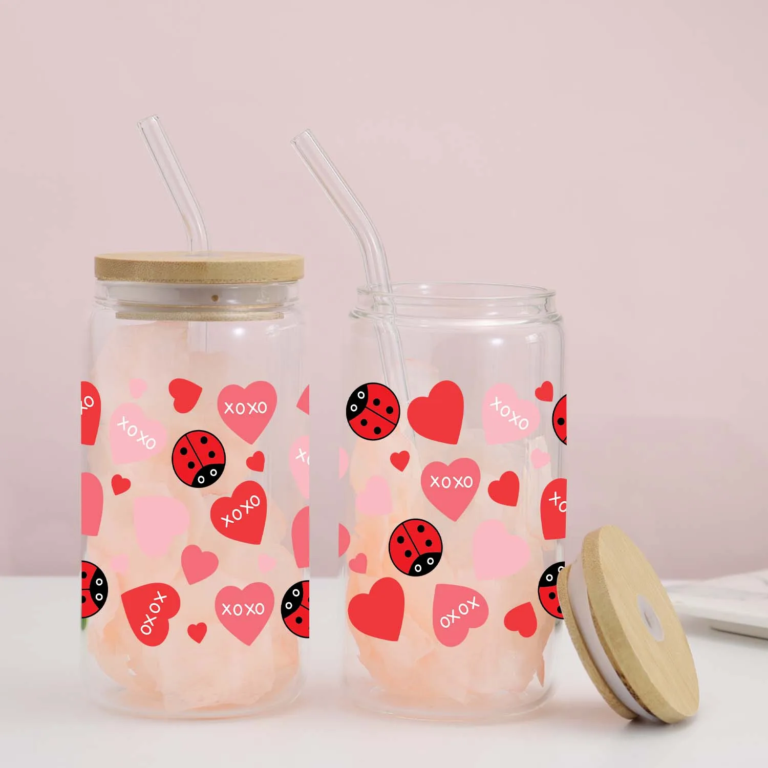 Seven-Spotted Ladybug 3d Printed 16oz Glass Can Cup With Lid&Straw Coffee Glass Mug Juice Coffee Bottle Valentine's Day Gifts