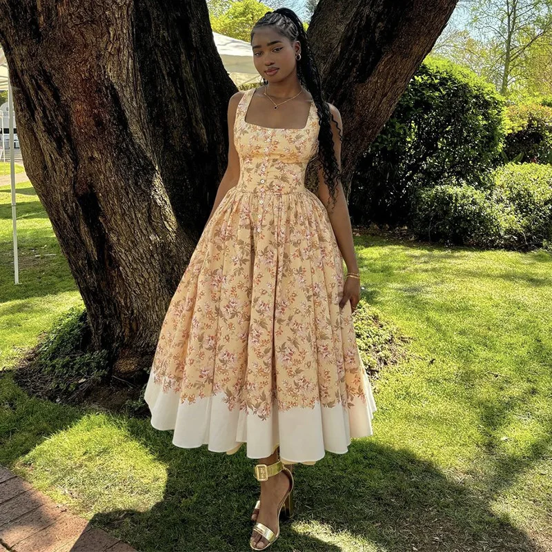 

2025 Autumn New European American Women Dress Floral Print Waist Tie Long Dress Sweet Style