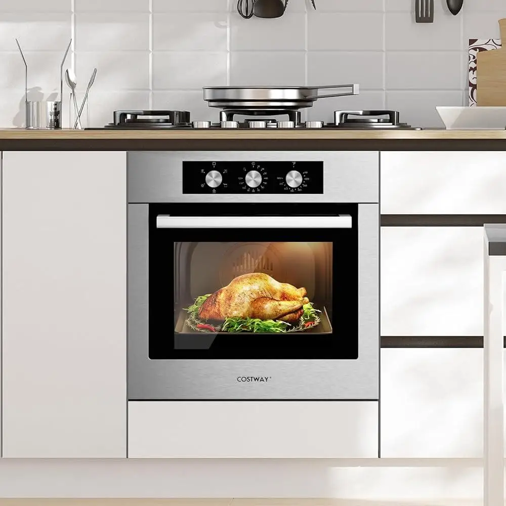 Horno de pared eléctrico de 24 pulgadas, horno de convección de acero inoxidable integrado de 2300W, 5 modos de cocina, circulación de aire caliente de 360 grados